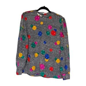 Vtg Colorful Rainbow Polka Dot Shiny Satiny Clowncore Artsy Fun Blouse 10